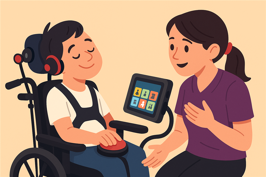 child in wheelchair using switch access to use AAC device with teacher